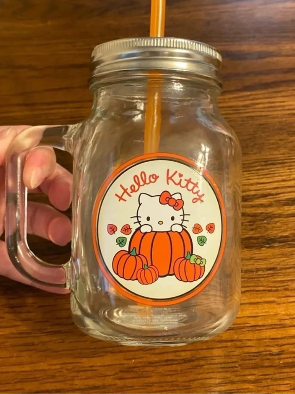 Sanrio Hello Kitty Fall Pumpkin Glass Mason Jar Mug Lid & Straw NWT